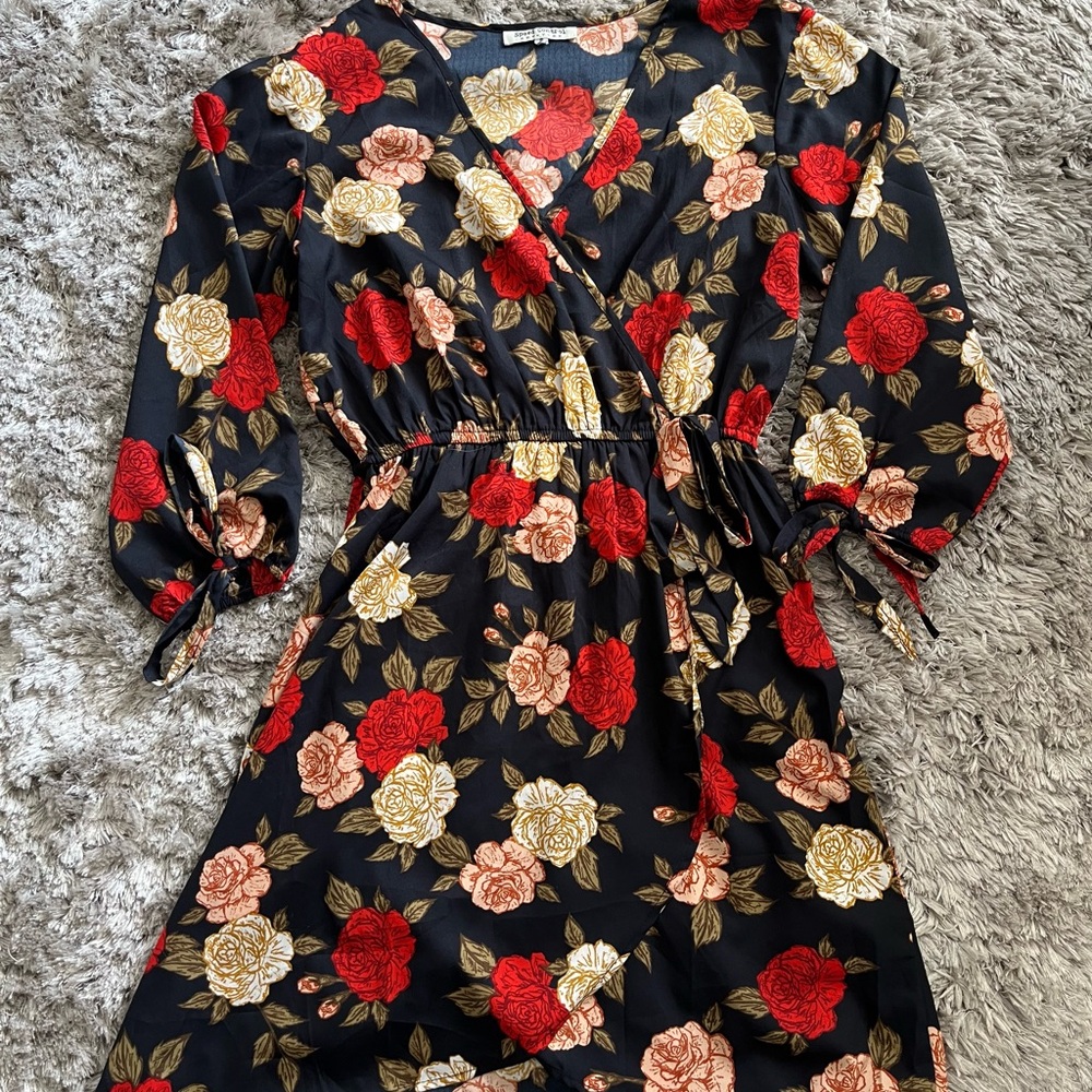 Floral Wrap Dress - Black, Red, Gold